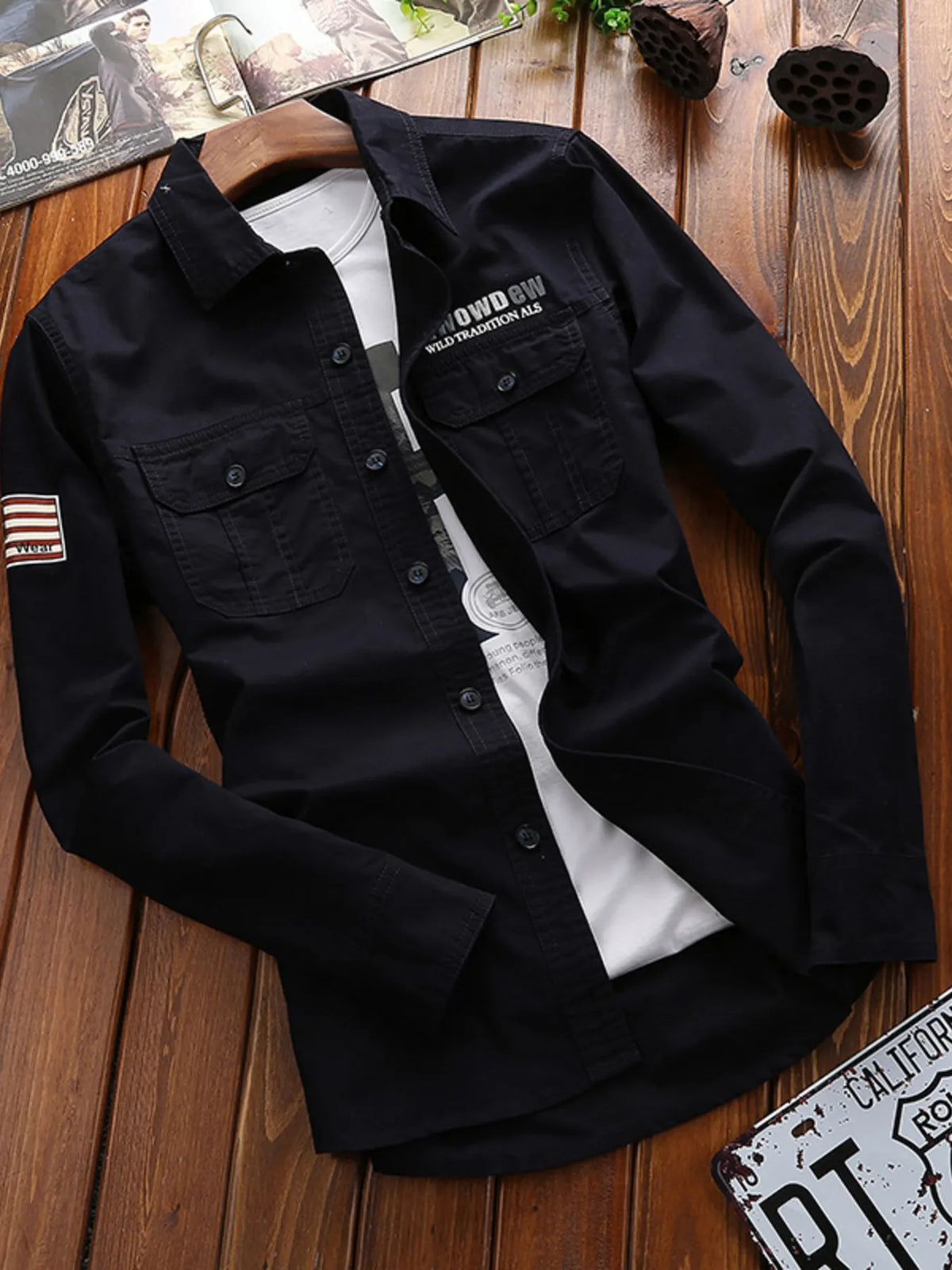 Men's long-sleeve cotton button pocket shirt, black, two front chest pockets