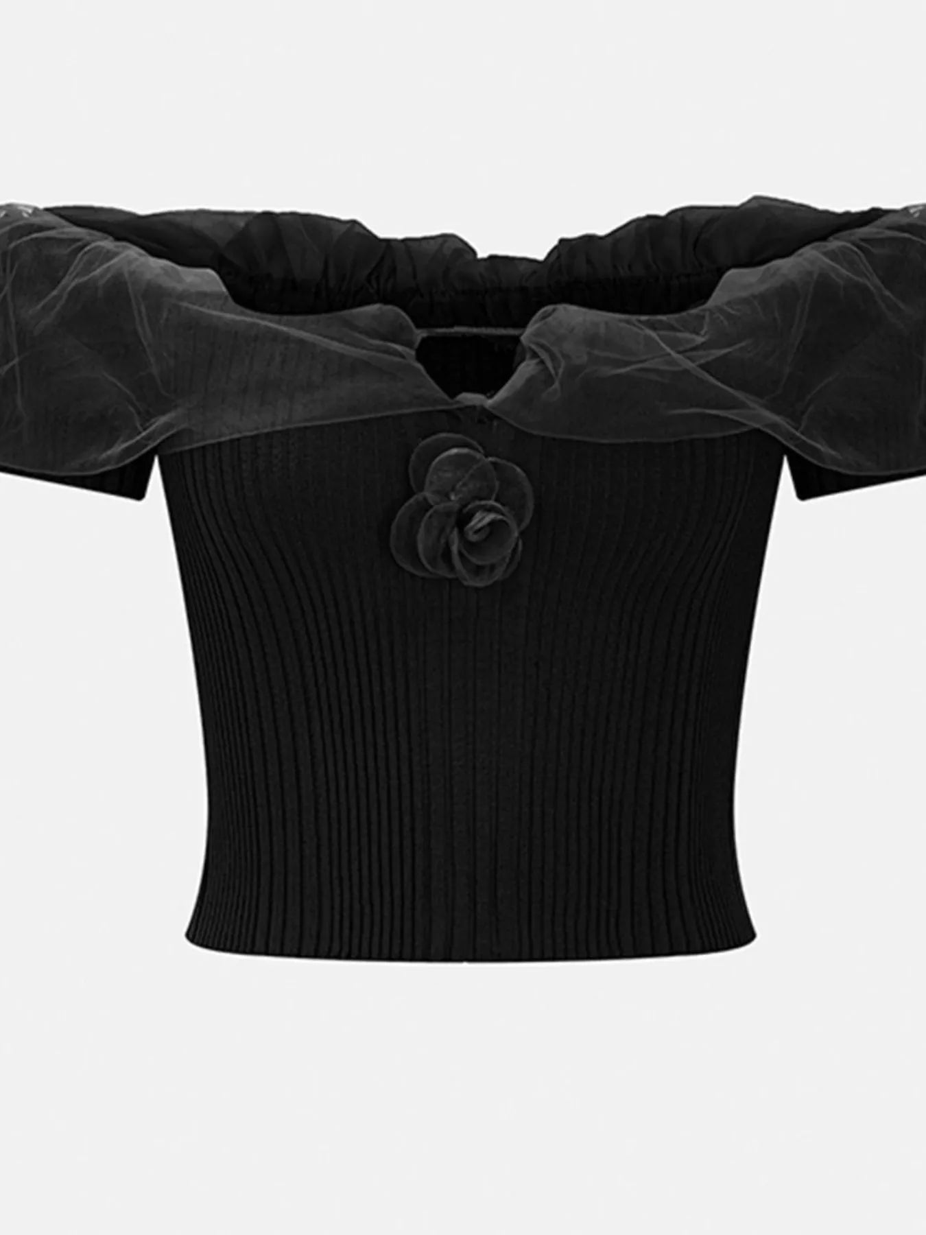 Cedar & Moore Ribbed Knit Off-Shoulder Top in black with sheer organza ruffle trim and flower accent