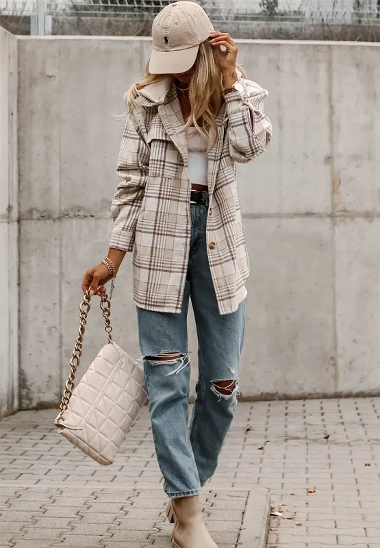 Plaid shacket with removable hood, button-front placket, flap chest pockets, and long sleeves