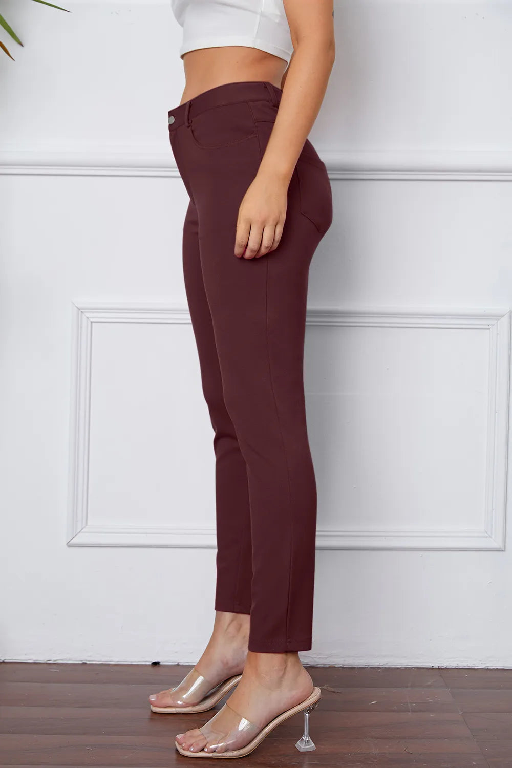 StretchyStitch pants, burgundy, side view with ankle hem, button closure, belt loops