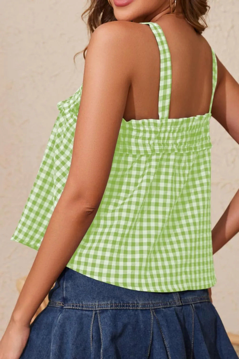 Green gingham square-neck cami with open back and adjustable shoulder straps