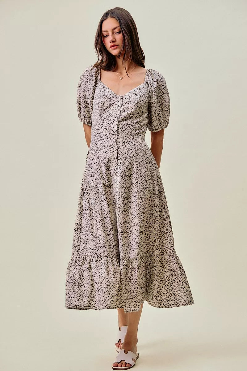 Off white/black ditsy floral puff-sleeve maxi dress with elastic waist and tiered skirt hem