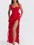 Red split ruffle square-neck maxi dress with thigh-high side slit