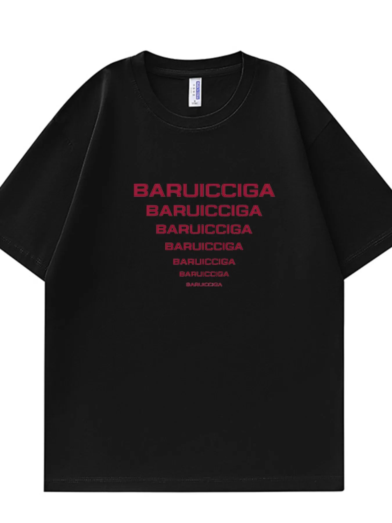 Black round-neck short-sleeve T-shirt with centered red logo text print.