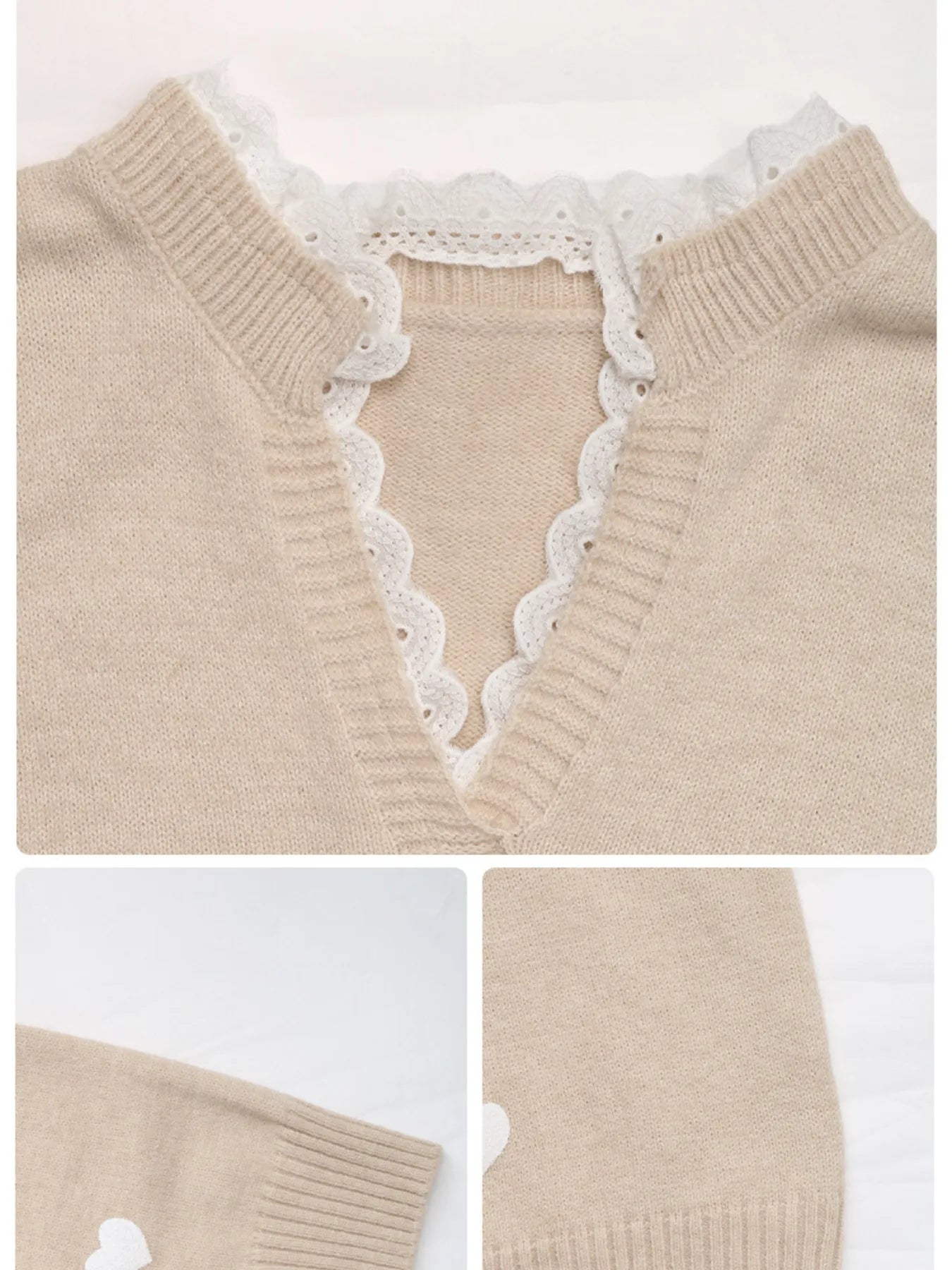 Light khaki sweater neckline close-up with lace trim, heart appliques, and ribbed cuffs