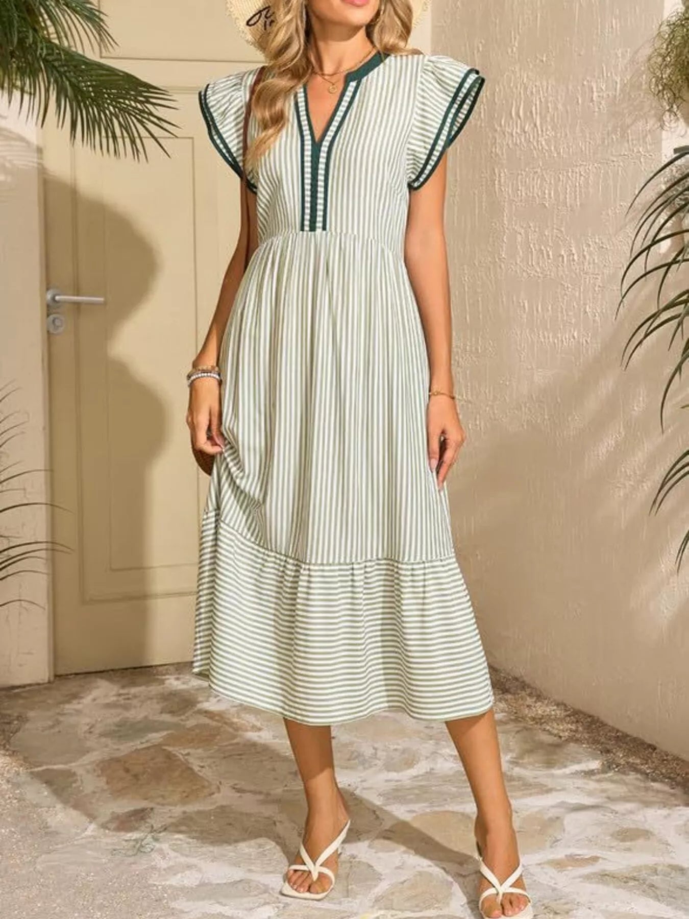 Trendsi striped notched ruffle-sleeve dress in mint and white with pockets