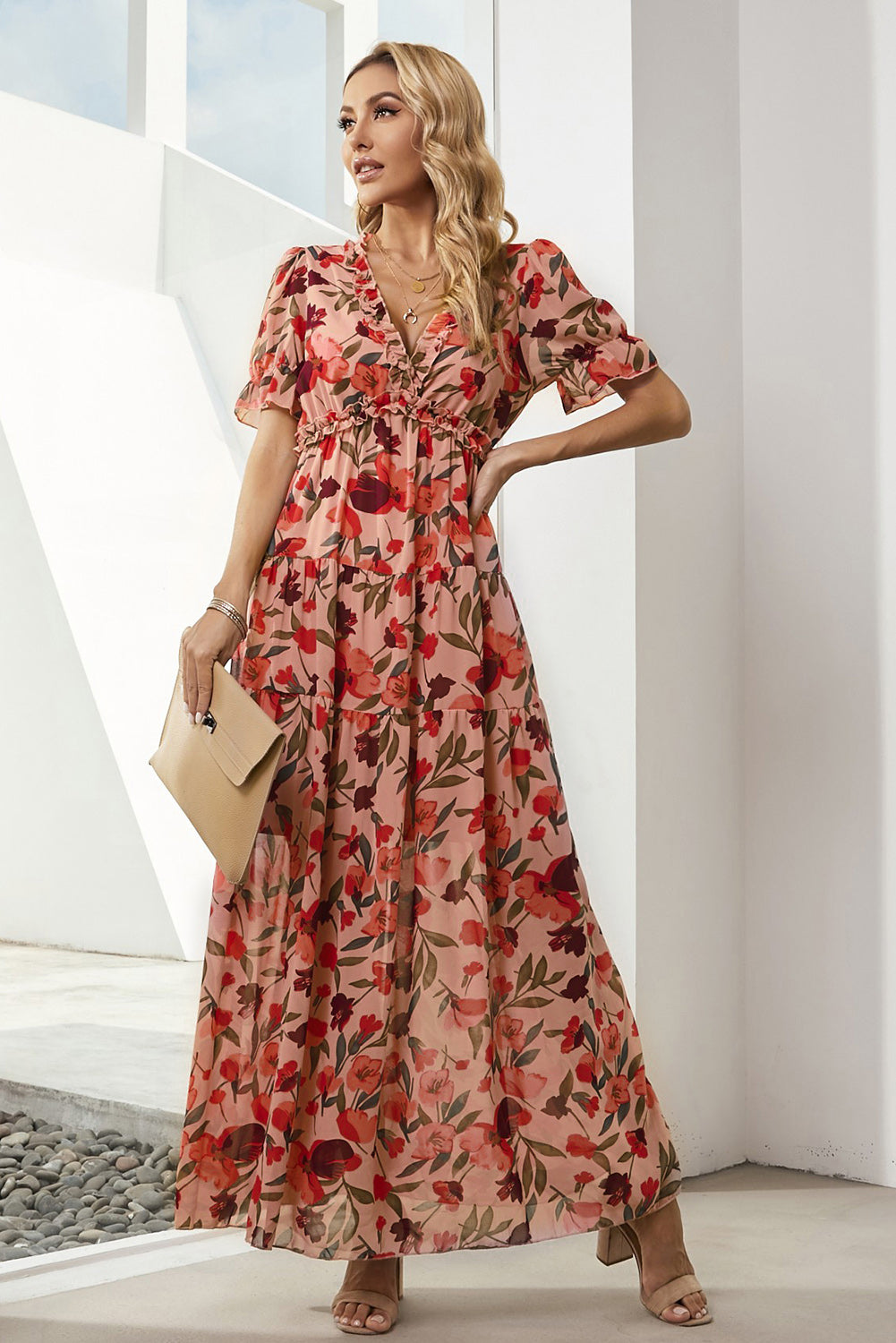 Floral V-neck flounce-sleeve midi dress with tiered skirt, deep red and rose tones.