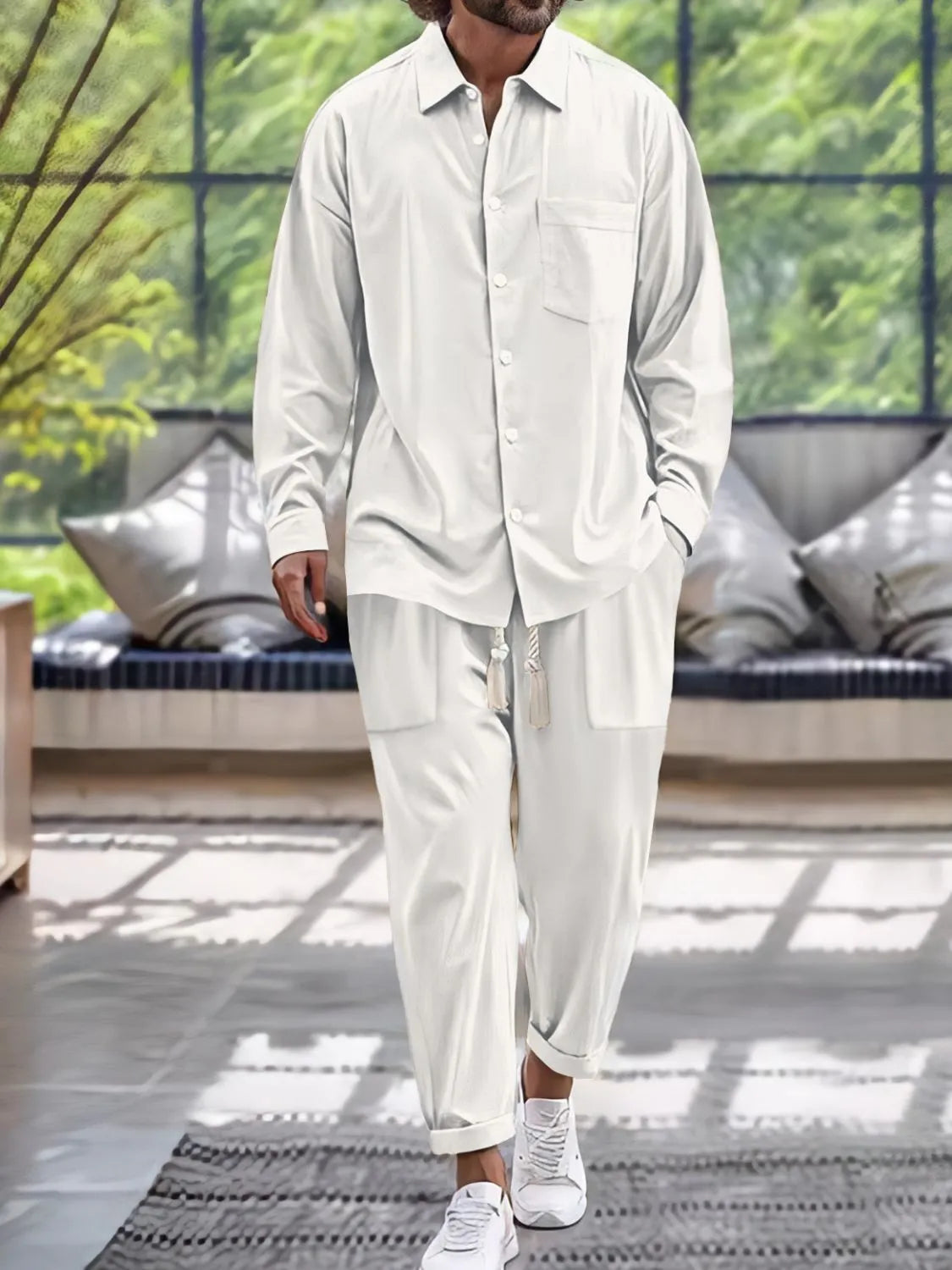 White button-down shirt and pants set, chest pocket, drawstring waistband