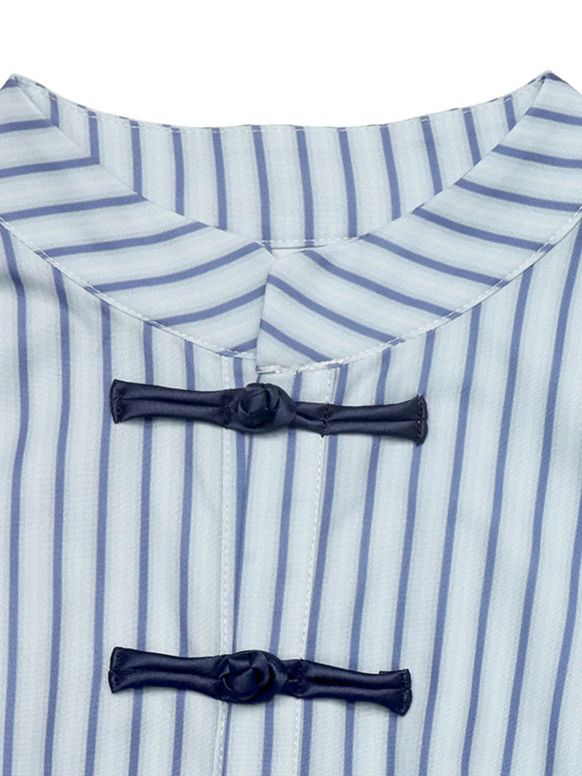 Striped mandarin collar shirt neckline with center knot bow and blue-and-white vertical stripes