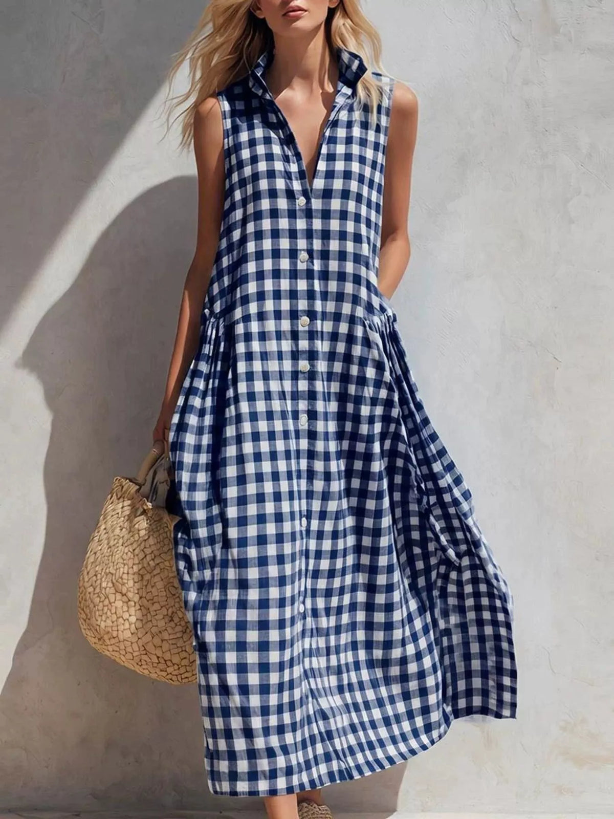 Navy blue gingham sleeveless button-down midi dress with collar and front buttons