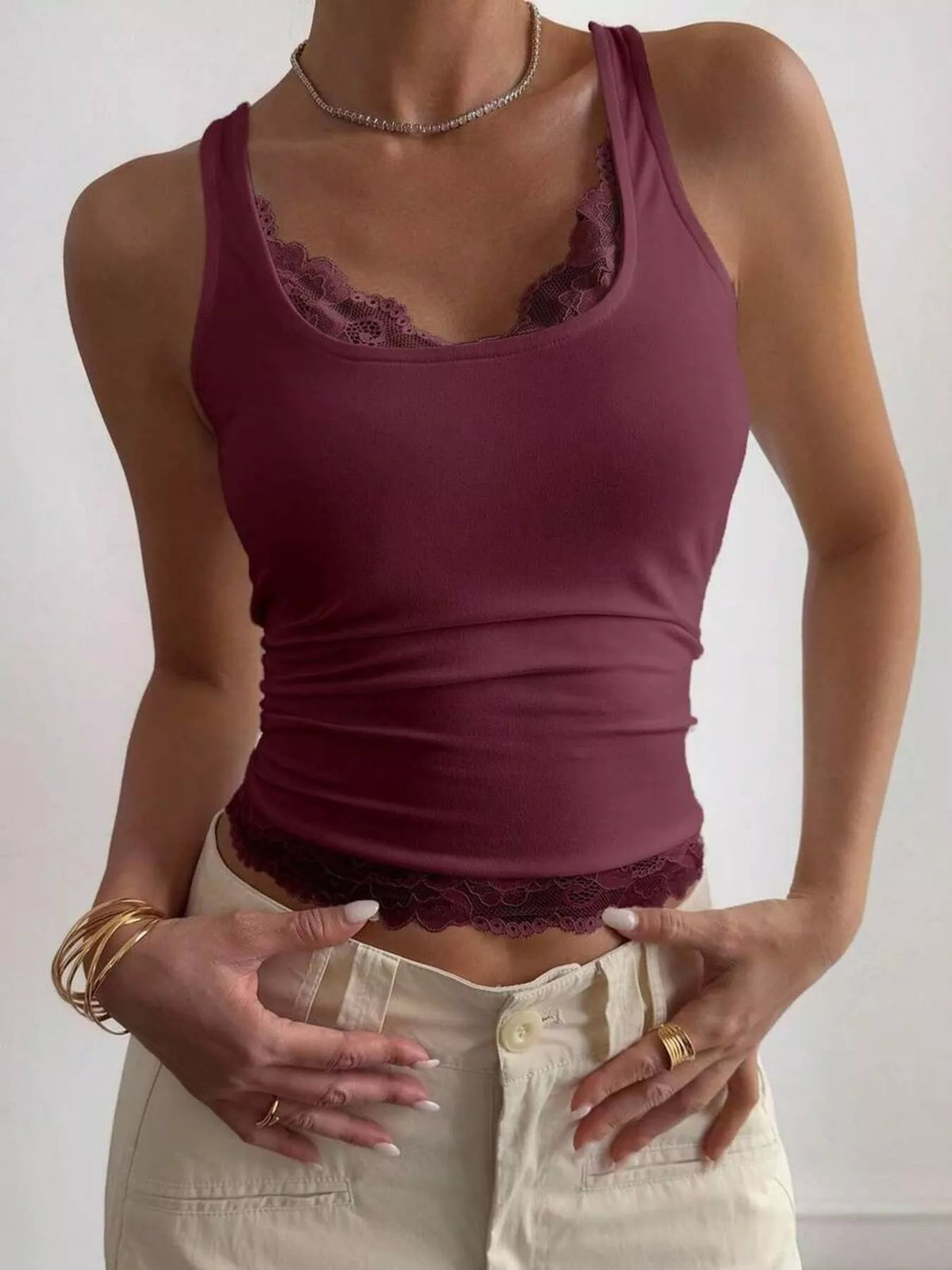 Burgundy lace-trim wide strap stretch tank top with scalloped neckline