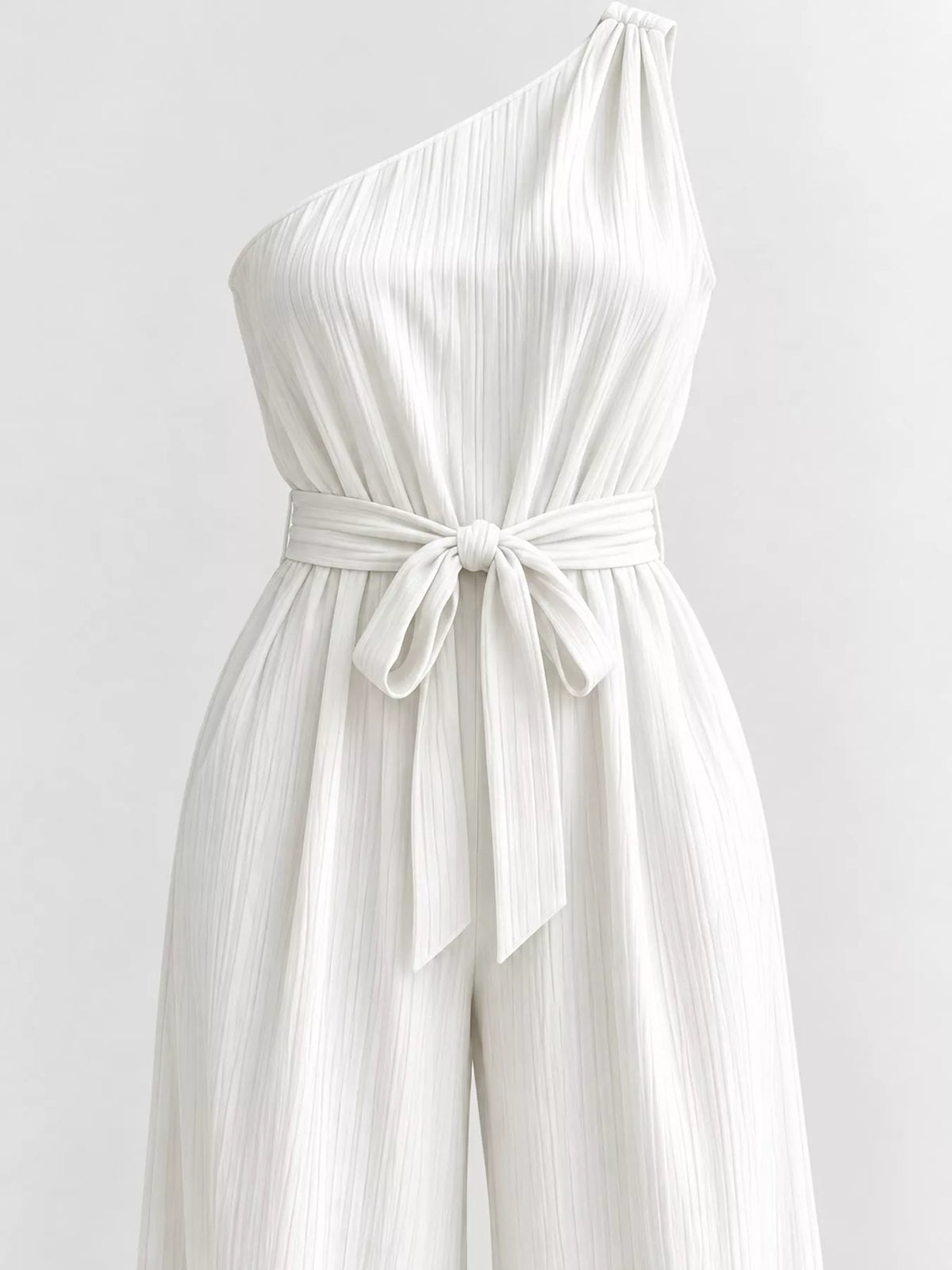 One-shoulder pleated wide-leg jumpsuit in white, back bodice with self-tie waist