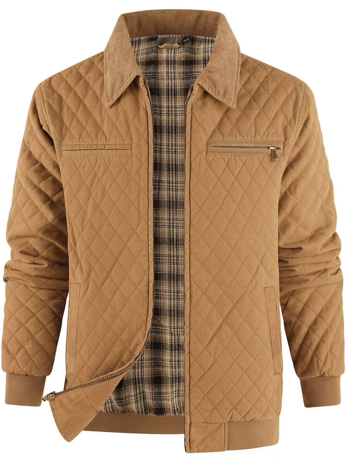 Camel brown quilted zip jacket with darker plaid lining and zip pockets