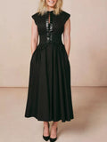 Cedar & Moore Lace-Up Corset Sleeveless Midi Dress, black with front lace-up bodice and pockets
