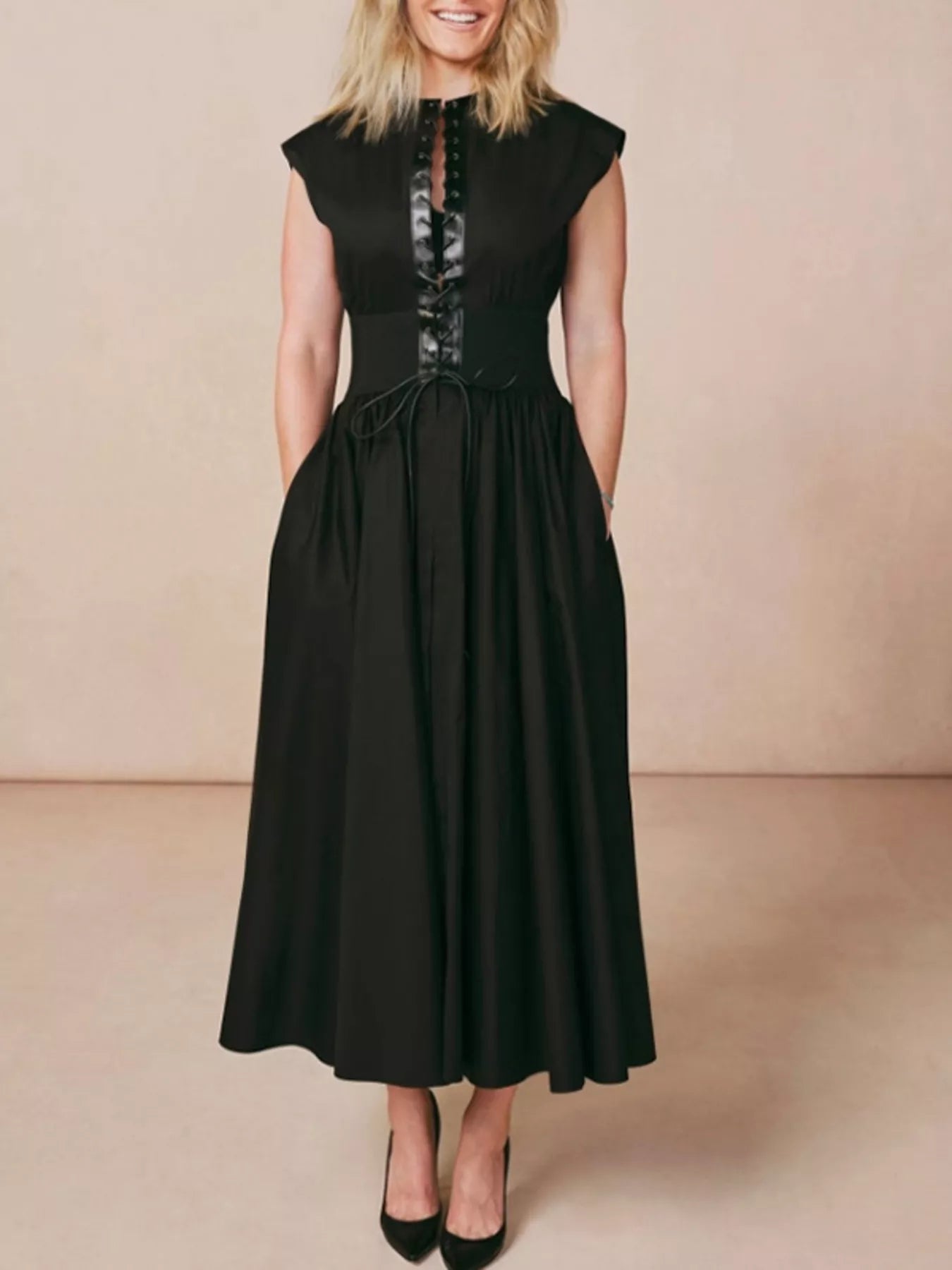 Cedar & Moore Lace-Up Corset Sleeveless Midi Dress, black with front lace-up bodice and pockets
