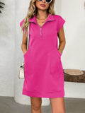 Hot pink textured mini dress with cap sleeves, half-zip front, and stand collar