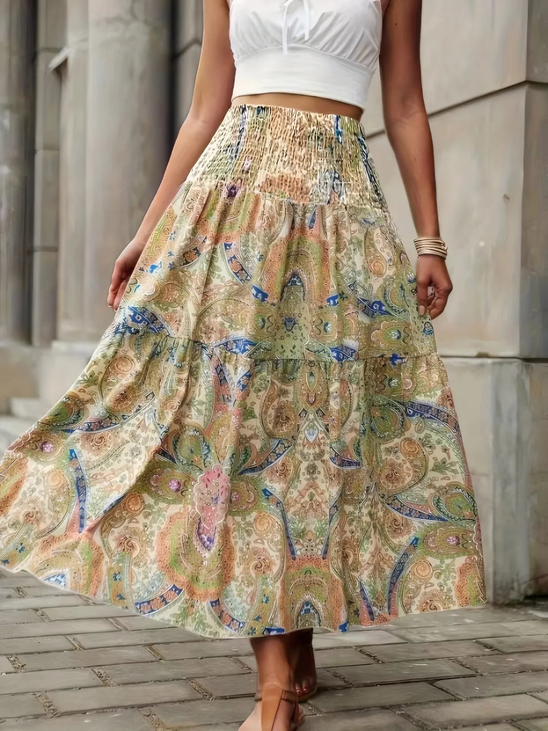 High-waist smocked printed skirt, cream paisley; tiered midi length