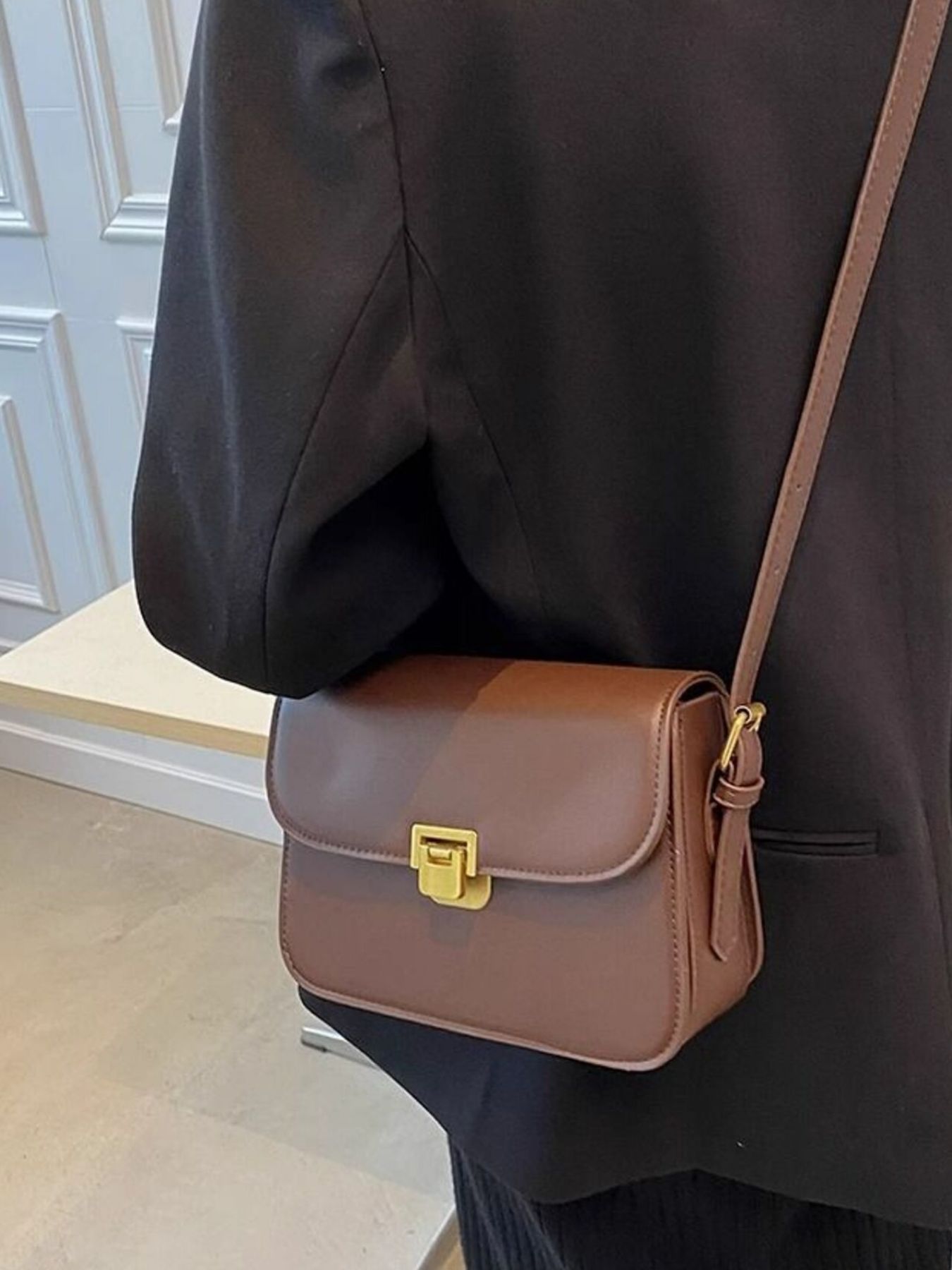 Buckle Flap Shoulder Bag, small brown PU crossbody with gold-tone buckle.