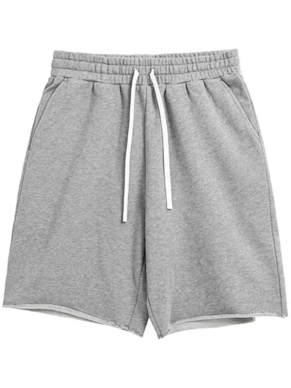 Gray men’s drawstring shorts with elastic waistband, white drawcord, above-knee hem.