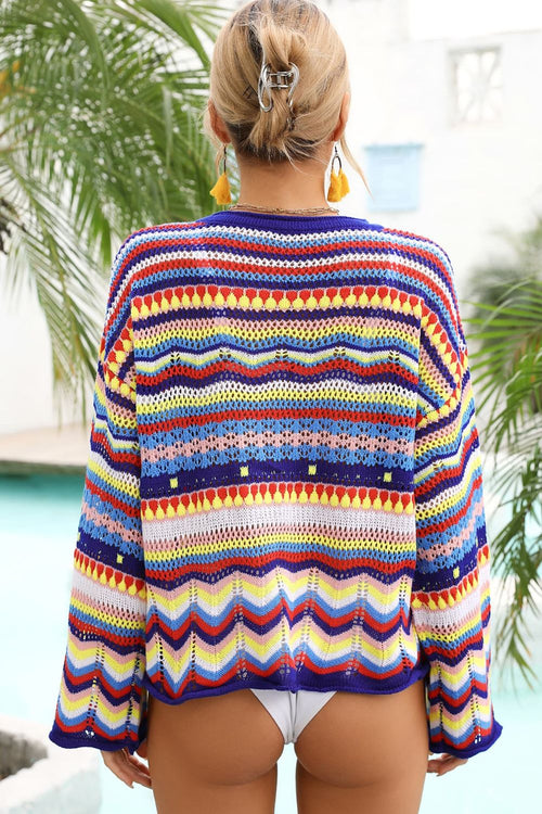 Multicolored striped knit cover-up sweater with round neck, long sleeves (back view)