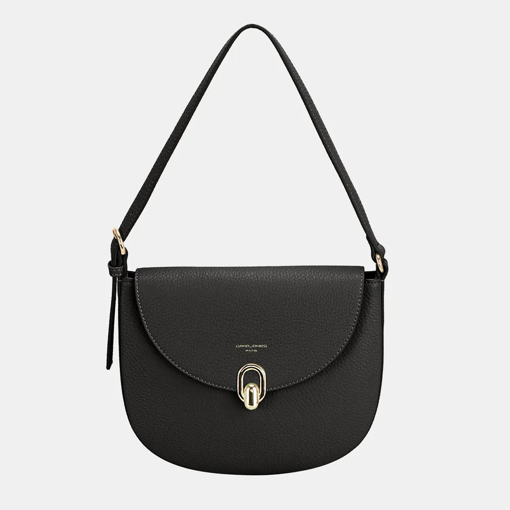 Black half-moon shoulder bag with metal buckle clasp and long shoulder strap.