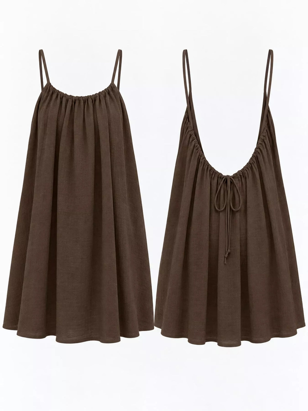 Spaghetti-strap ruched mini dress, dark brown, front and back views with tie-detail back