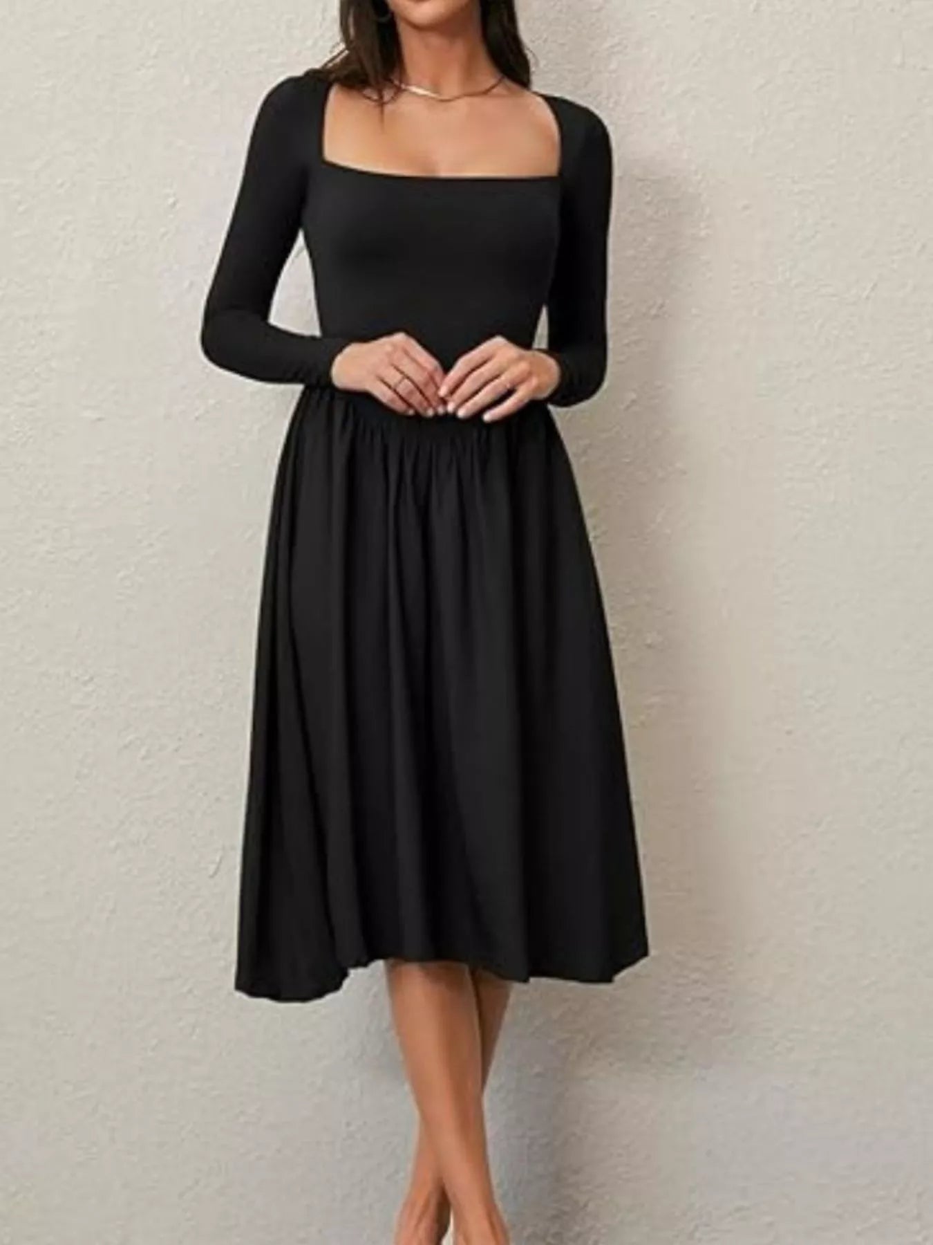 black square neck long sleeve midi dress Long Sleeve Square Neck Fit & Flare Midi Dress