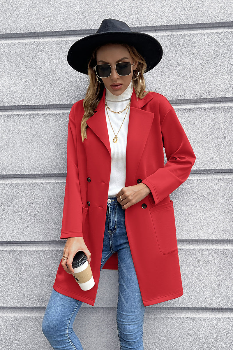 Red long sleeve lapel blazer with button front and side pockets, tailored fit