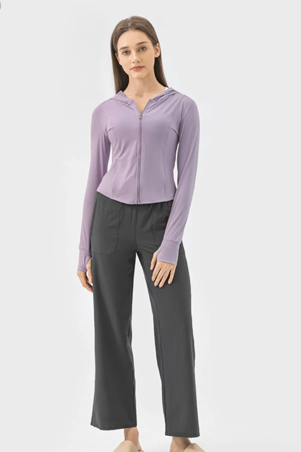 Lavender zip-up hooded long sleeve jacket with kangaroo pocket, full-body front view