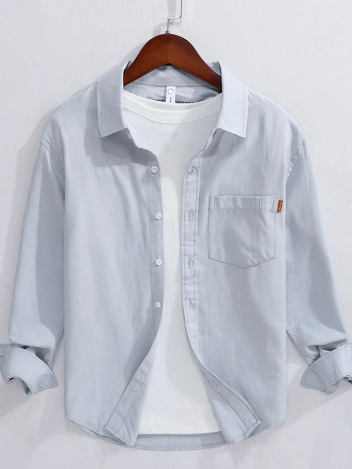 Men's cotton button-up long sleeve shirt, light gray, chest pocket and button front