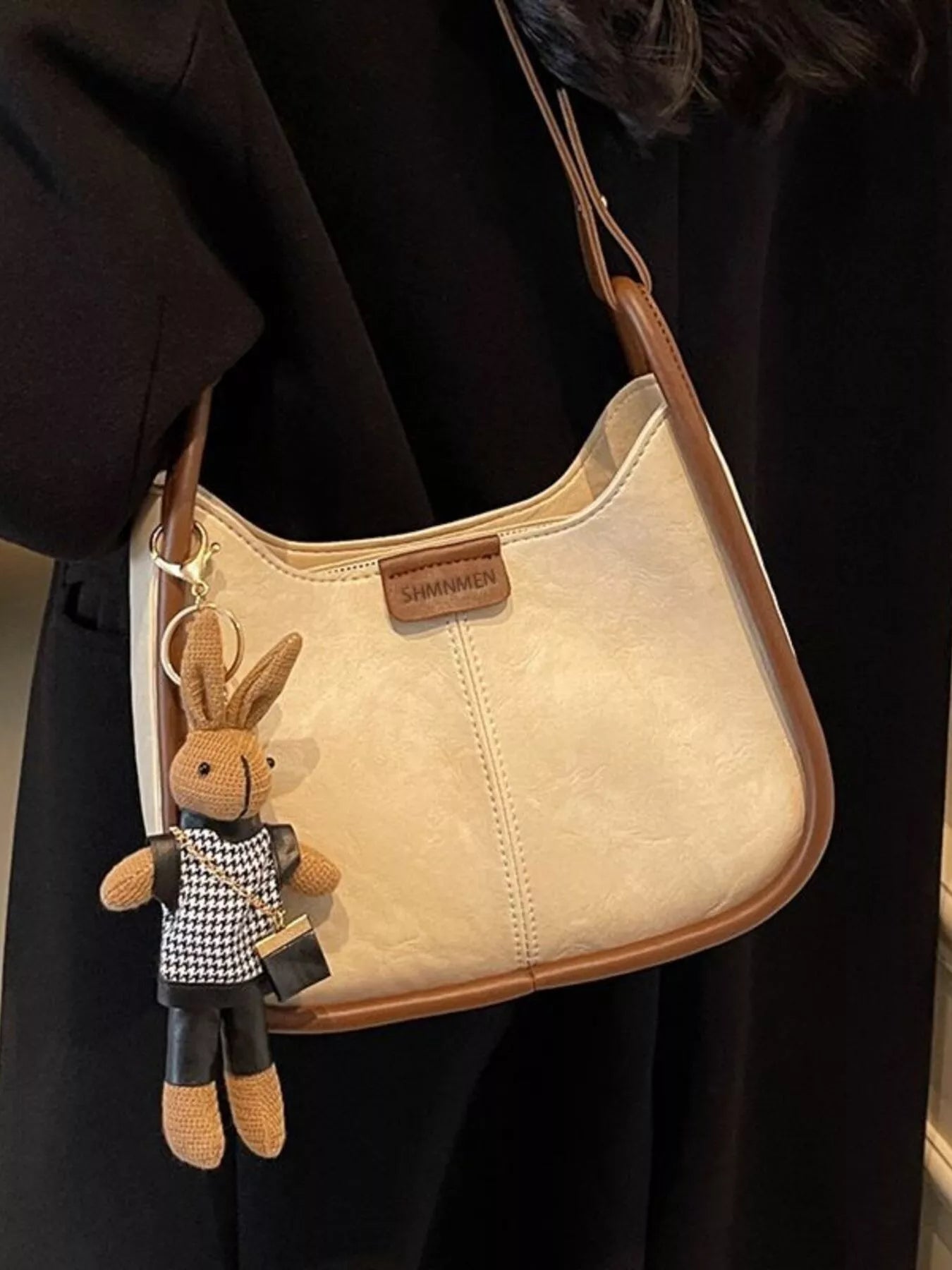Adjustable Strap Shoulder Bag, beige PU with brown trim; small size with bunny keychain