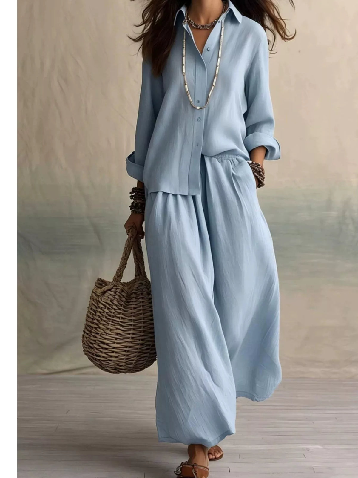 Sky blue button-up shirt and wide-leg pants two-piece set with elastic waist