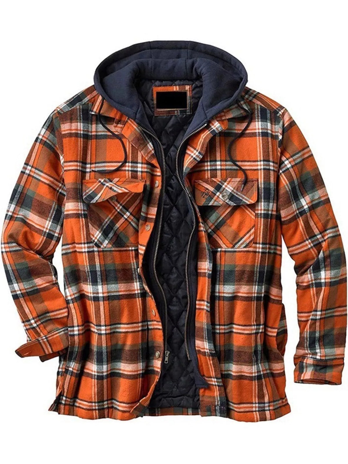 Men's orange plaid hooded quilted jacket with navy hood, zip front, and button pockets