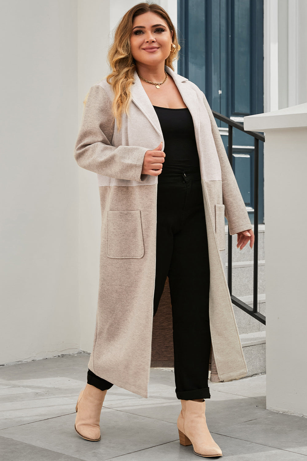 Dust storm longline collared coat with button-front and two patch pockets