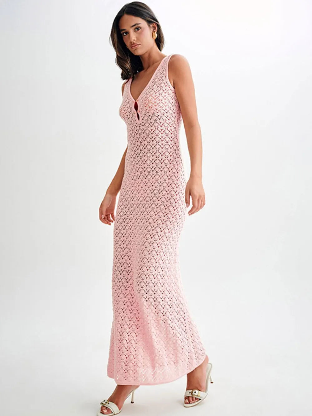 Blush pink openwork sleeveless maxi dress with V-neck keyhole and openwork knit