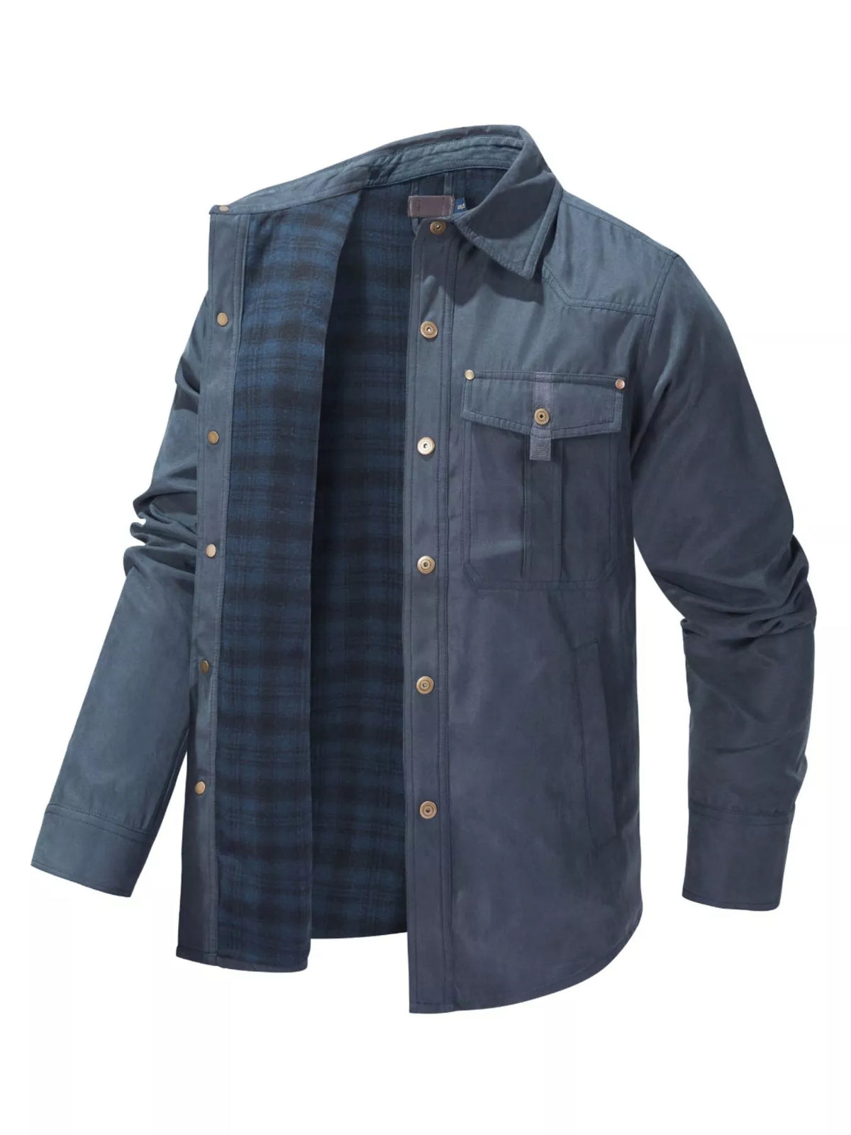 Men's snap-front long-sleeve jacket in blue with plaid lining and chest flap pocket
