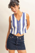 Woven striped V-neck button-front vest in indigo and cream, sleeveless