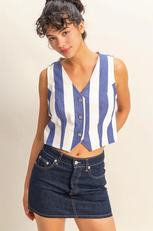 Woven striped V-neck button-front vest in indigo and cream, sleeveless