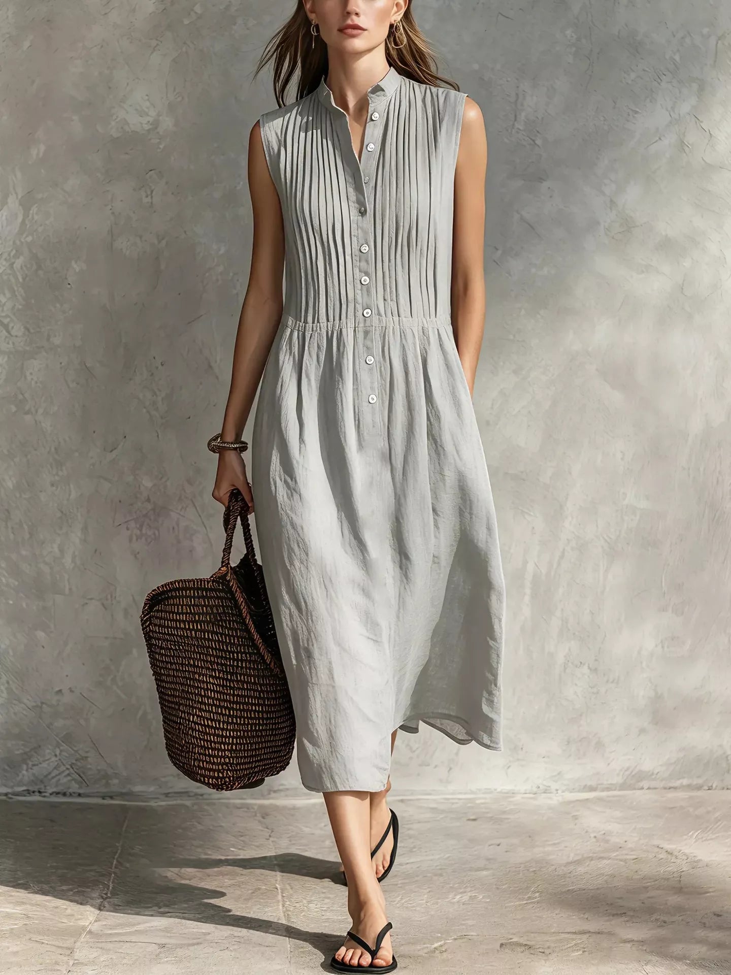 Light grey sleeveless button-front midi dress with vertical pleats and gathered waist