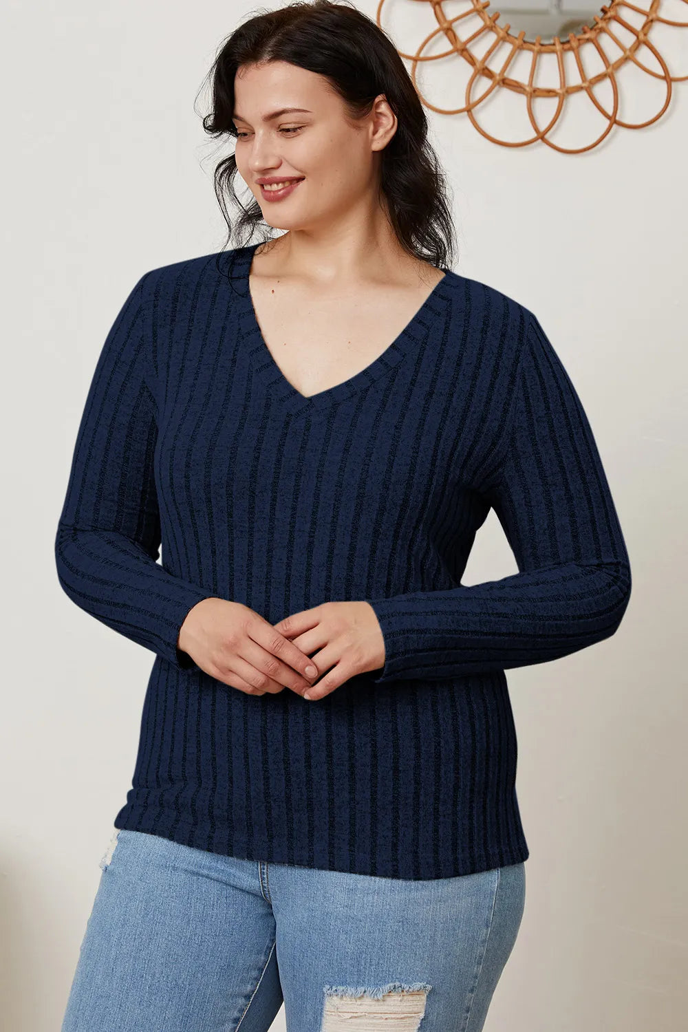 Cedar & Moore Basic Bae navy ribbed V-neck long-sleeve tee by Trendsi