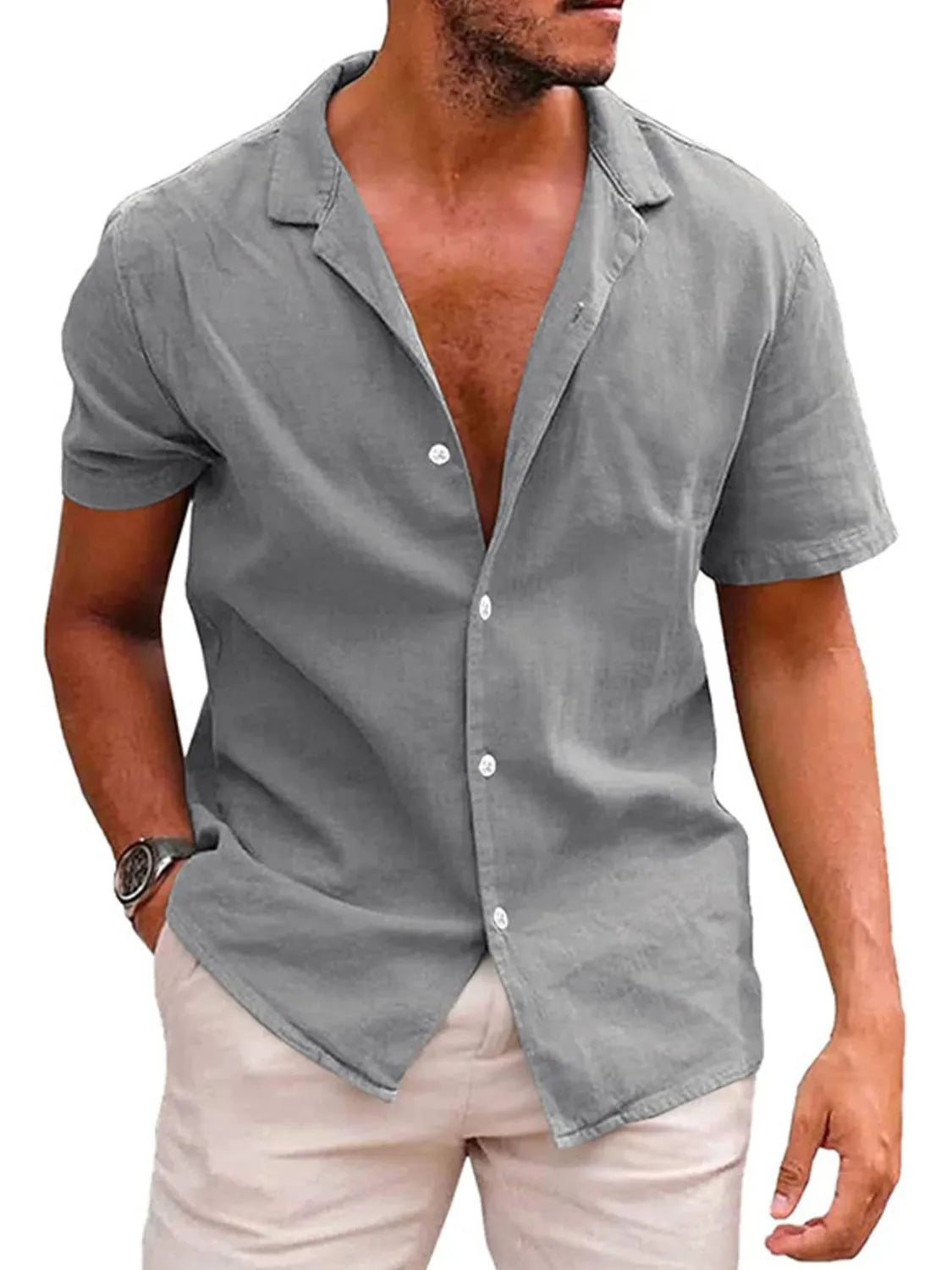 Men's grey short-sleeve button-up shirt with open collar and front buttons