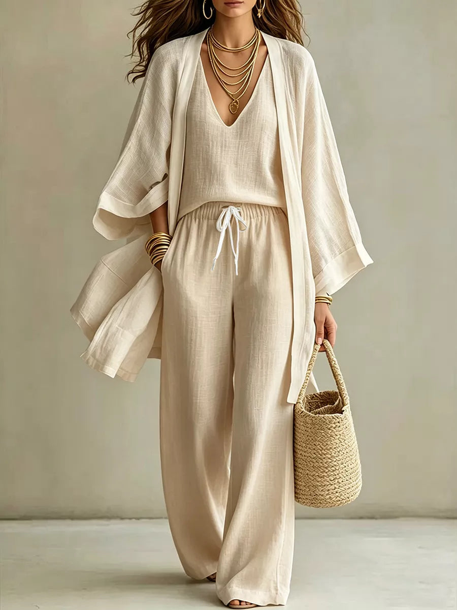 Khaki three-piece set with V-neck top, drawstring wide-leg pants, and open cardigan