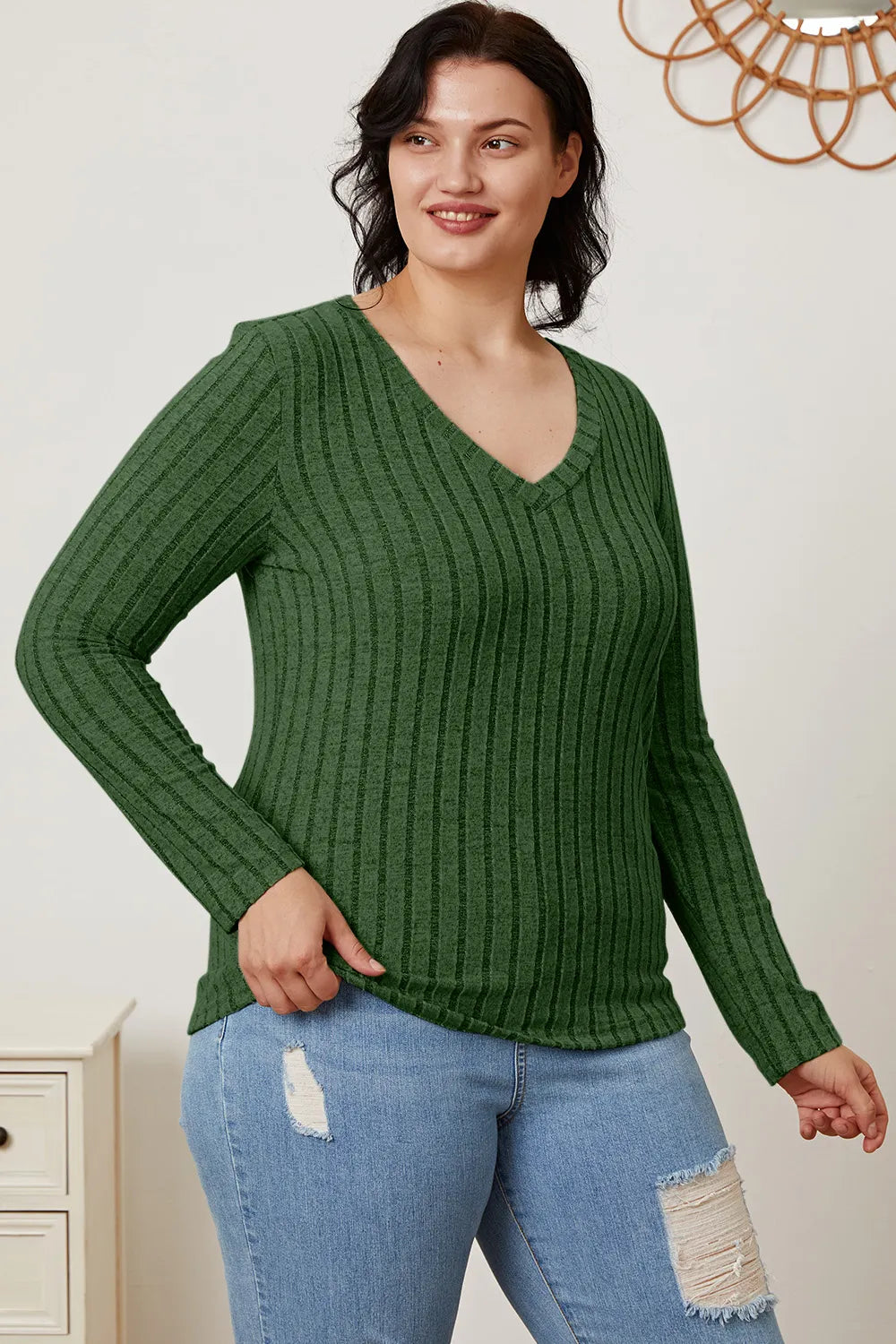 Cedar & Moore Basic Bae ribbed V-neck long-sleeve tee, green knit top by Trendsi