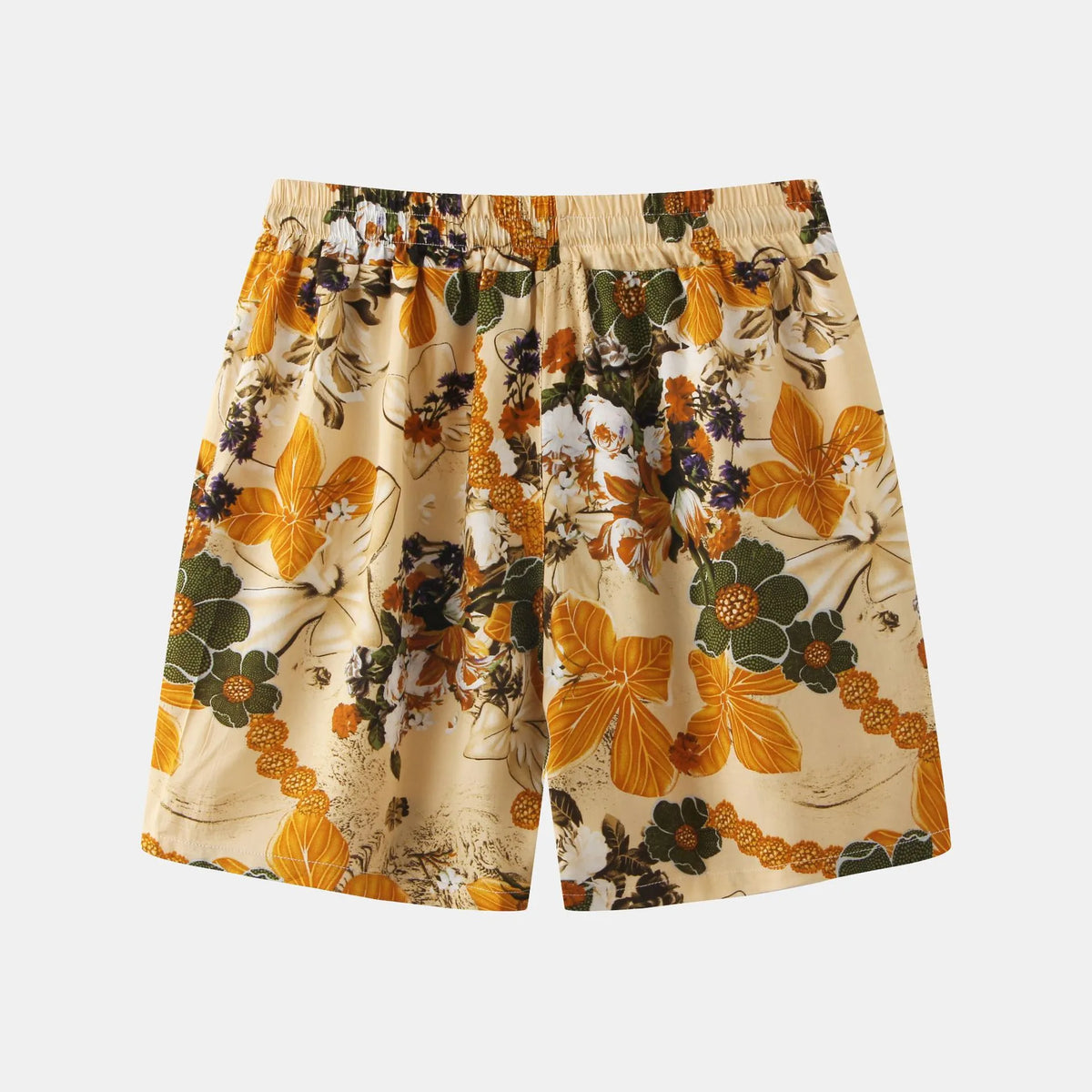Allover floral-print cotton shorts with elastic waist and drawstring, orange flowers on beige