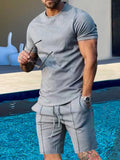 Men's drawstring top and shorts set, light gray short-sleeve top with drawstring waist shorts