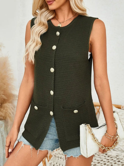 Sleeveless knit vest in dark green, round neckline, button front, patch pockets