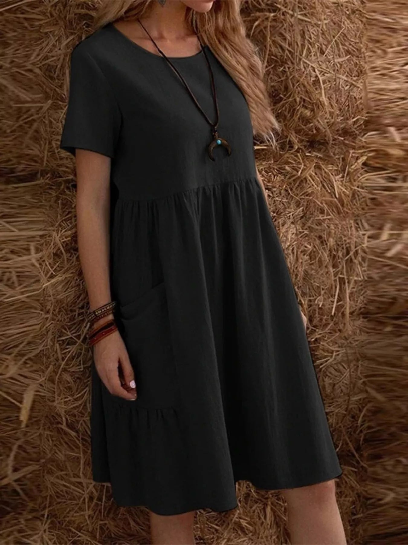 Cedar & Moore Full Size Casual Loose Fit Tiered Ruffle Hem Dress Plus Size, black, short sleeves, pocketless, Trendsi