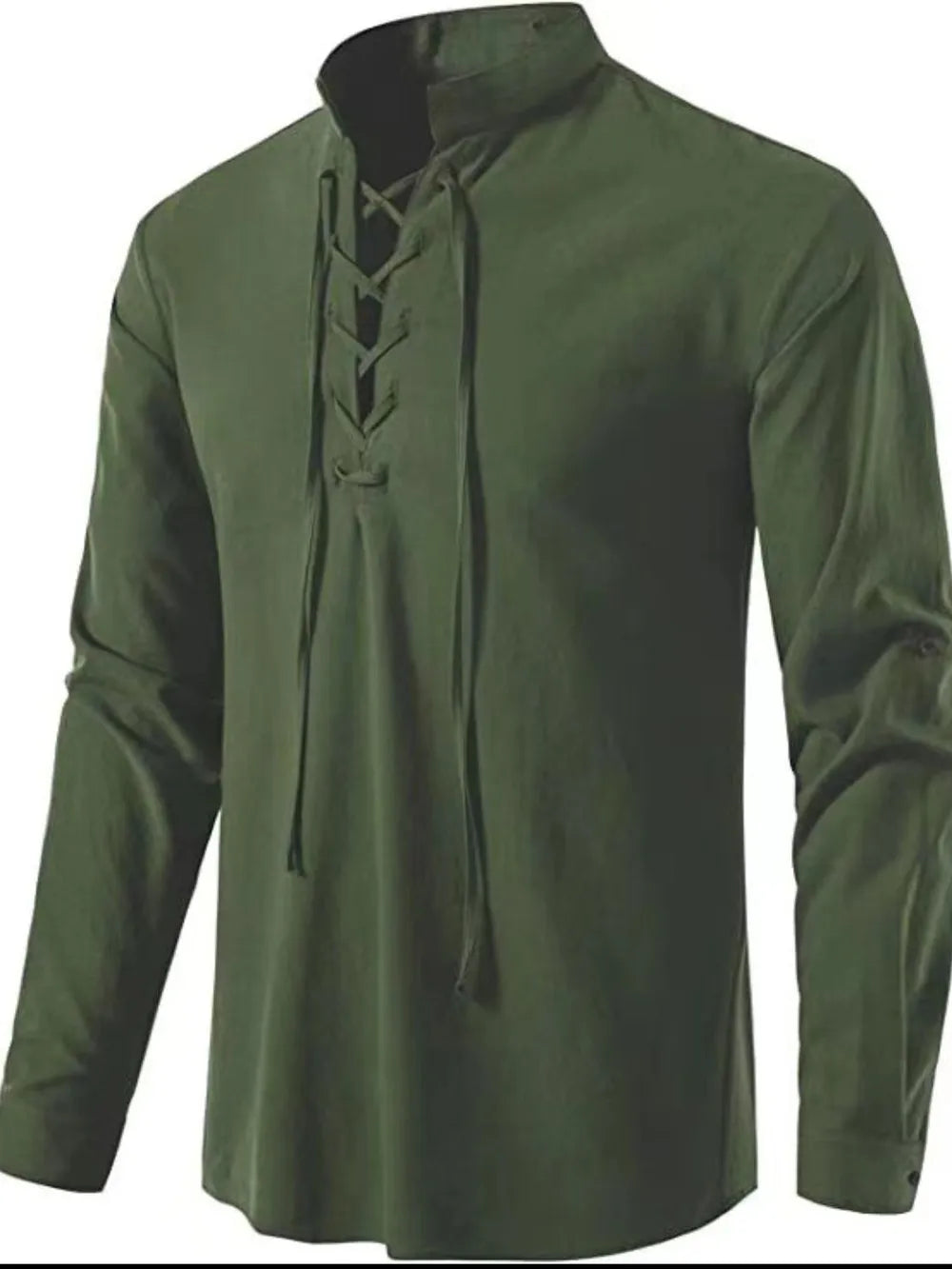 Men's long-sleeve lace-up shirt with stand collar, olive green
