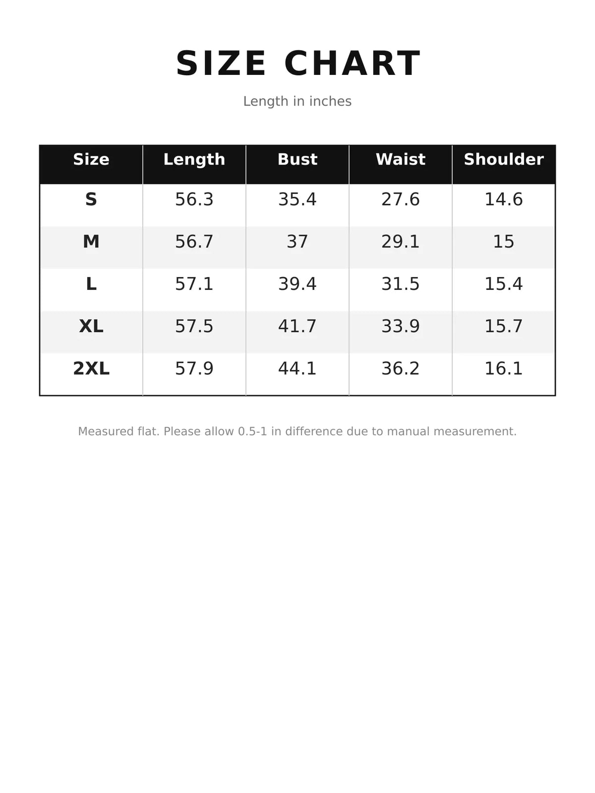 Size chart for maxi dress: length, bust, waist, and shoulder measurements in inches