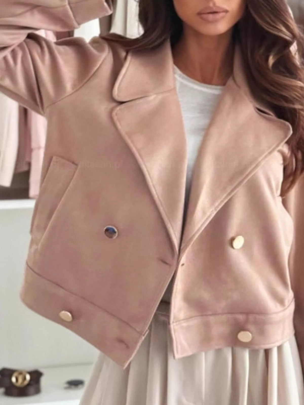 Dusty pink cropped double-breasted jacket with gold buttons and welt front pockets
